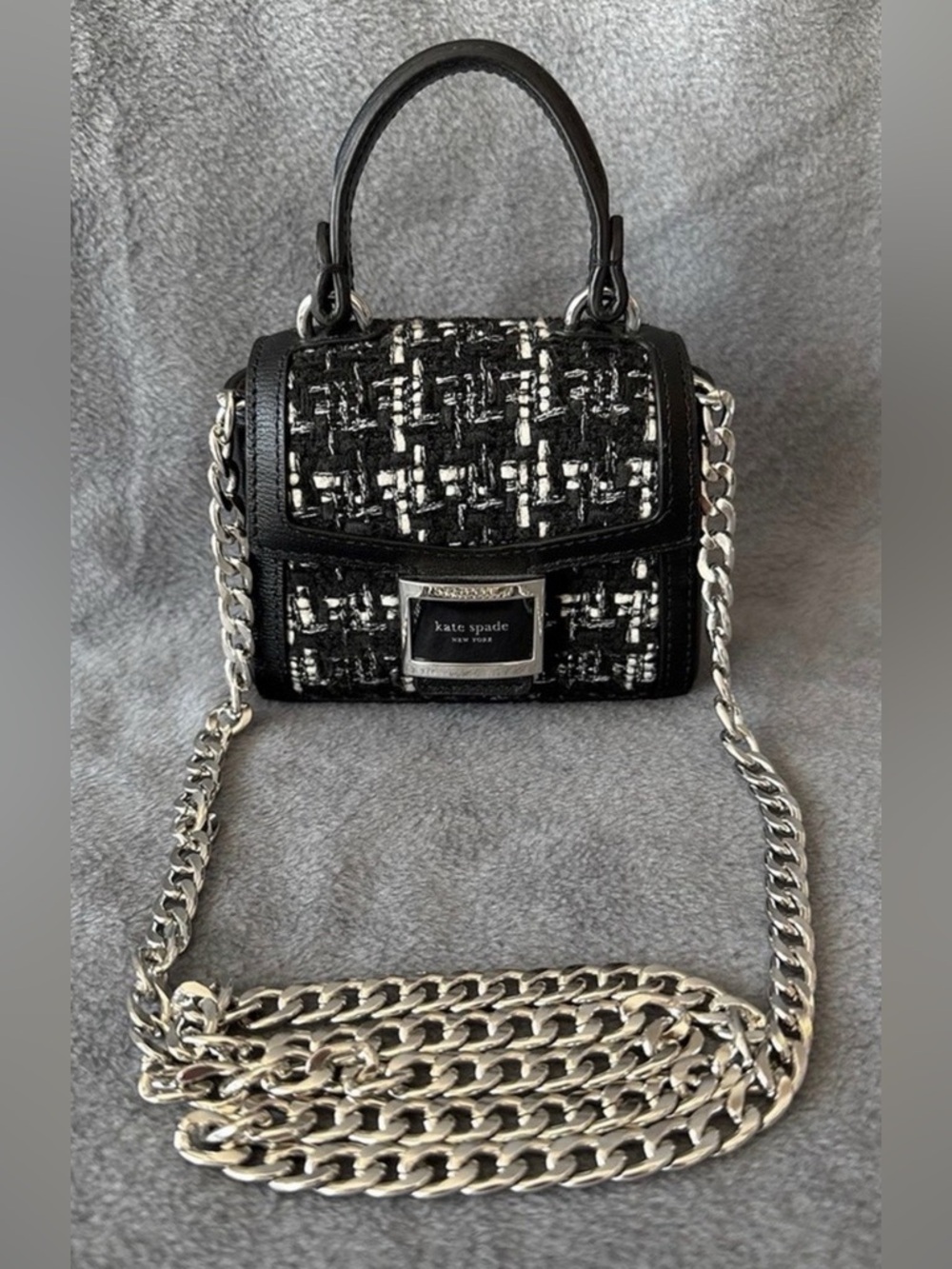 Kate Spade Black and White Mini Tweed Hand Bag With Unbranded Chain